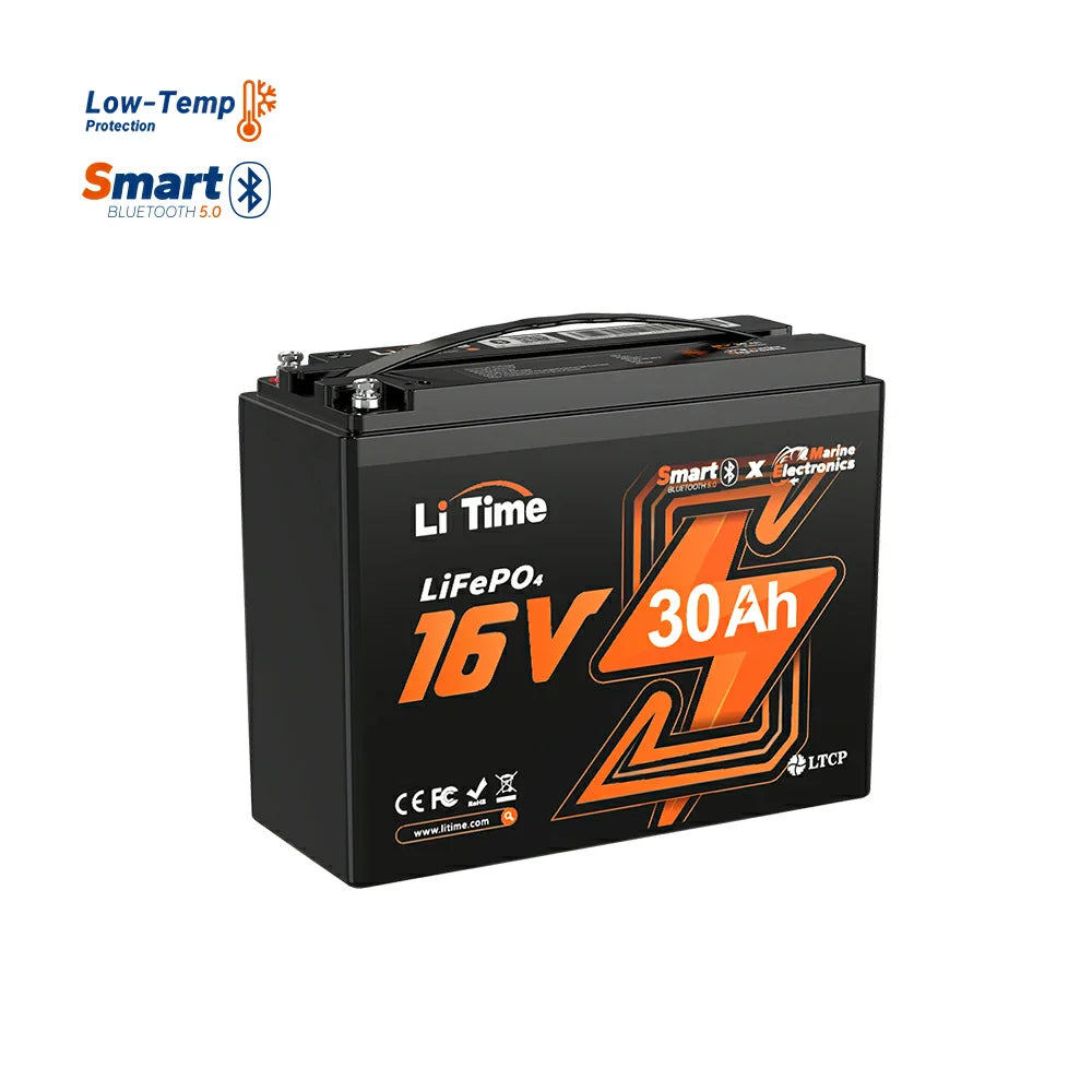 LiTime 16V 30Ah Deep Cycle Bluetooth Lithium Kayak Fish Finder Battery, Fishing Electronics