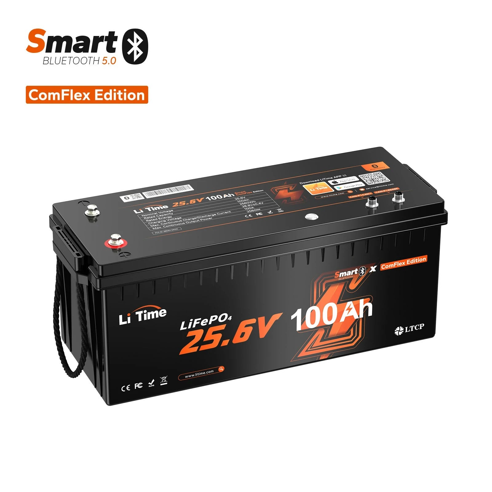 LiTime 24V 100Ah Smart LiFePO4 Lithium Battery with Bluetooth & Victron CAN Communication for RV, Marine & Off-Grid Energy Systems
