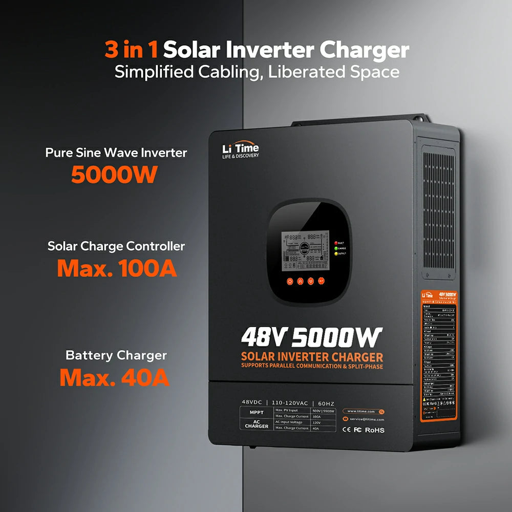 LiTime 48V 5kW All-in-One Solar Inverter Charger with 100A MPPT, Pure Sine Wave & Split-Phase Support for Off-Grid Energy Systems