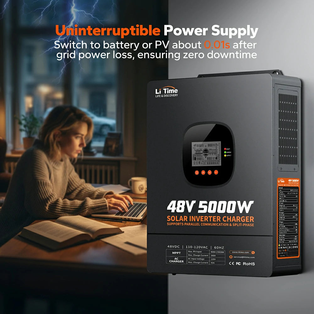 LiTime 48V 5kW All-in-One Solar Inverter Charger with 100A MPPT, Pure Sine Wave & Split-Phase Support for Off-Grid Energy Systems