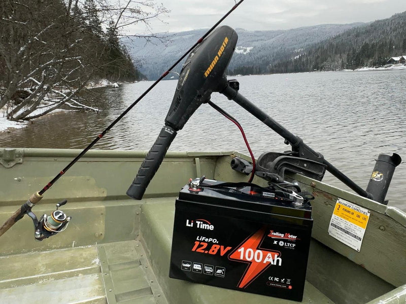 LiTime 12.8V 100Ah LiFePO4 battery powering a fishing boat trolling motor